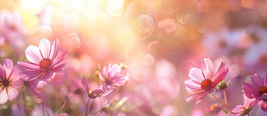 Poster - Spring-themed blurred bokeh image with Cosmos flowers in the background, ideal for copy space.