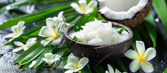 Poster - Coconut oil and cream with exotic foliage and blossoms create a serene natural spa setting in a copy space image.