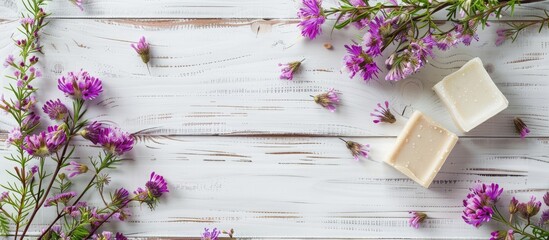 Sticker - White wooden background adorned with purple flowers showcasing organic soaps and cosmetics, with copy space image.