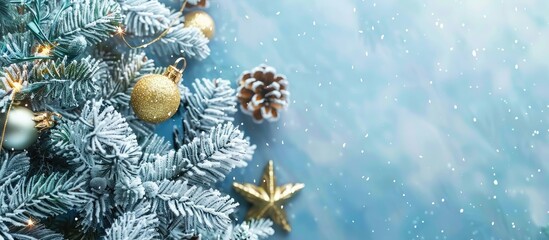 Poster - Festive Christmas background featuring a snowy fir tree adorned with golden and silver decorations on a blue backdrop. Top view with ample copy space image.