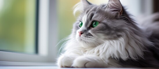 Poster - A lovely gray-white cat with striking green eyes relaxes on a bed in the kitchen, gazing out the window, creating a close-up macro portrait with a pet love theme, perfect for a copy space image.