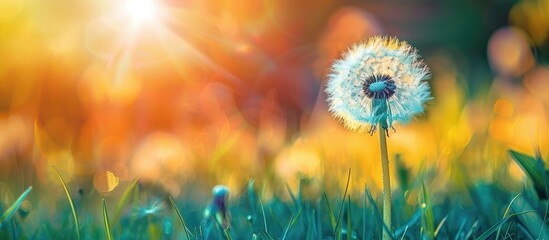 Poster - Fluffy dandelion flower macro photo in nature with blooming white dandelion on a background of plants and grass, with a copy space image.