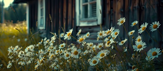Aufkleber - A high-quality photo captures close-up meadow chamomile flowers in front of a dark brown wooden house, creating an airy artistic copy space image.