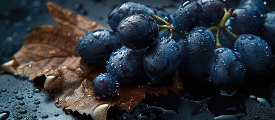 Aufkleber - A black background highlights wet dark blue grapes with a dried leaf, leaving room for additional content in the image.