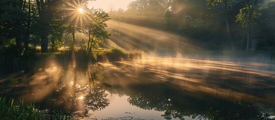 Poster - Capture the serene beauty of a misty morning landscape with the sun casting rays over a pond in a forest, ideal as a romantic copy space image.