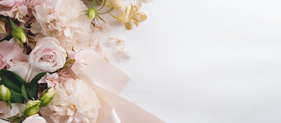 Aufkleber - A beautifully adorned wedding invitation displayed on a white tablecloth next to a floral arrangement, creating a charming setting with copy space image.