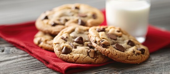 Poster - A close-up photo showcasing chocolate chip cookies set against a red napkin on a rustic gray wooden table, perfect for a kids' treat with a glass of milk in a selective focus copy space image.