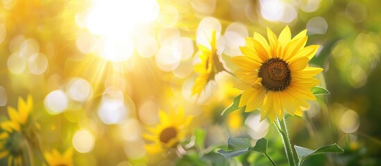 Poster - Sunflowers blooming under sunlight in a garden with copy space image available.