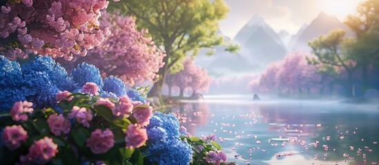 Poster - A picturesque scene featuring blooming hydrangeas and cherry blossom trees with a serene ambiance perfect for a copy space image.