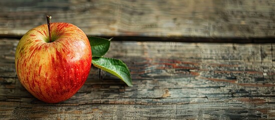 Poster - Horizontal wooden background showcasing a ripe red apple with copy space image available.