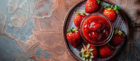 Poster - Top view of homemade strawberry jam in a glass jar presented with fresh berries on a plate, set against a weathered tile table, providing a close-up image with copy space.