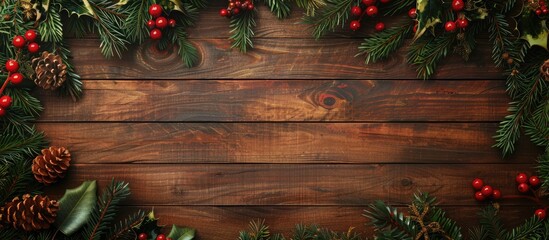 Poster - Wooden texture with Christmas decor frames instant with copy space image.