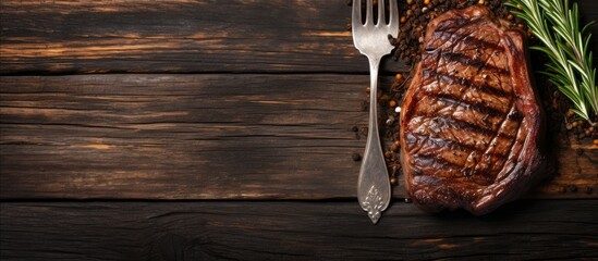 Poster - A top-down view of a fork holding a grilled ribeye beef steak on an aged table with a blank space for your text in the image