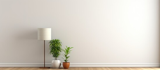 Poster - Empty room wall mockup featuring a lamp and a plant with copy space image.