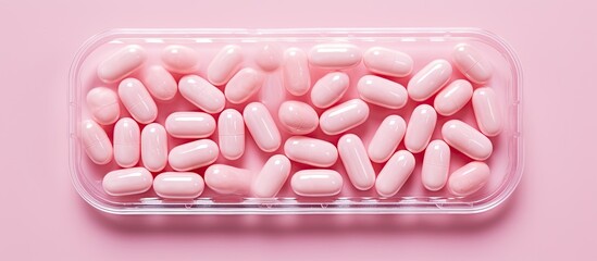Poster - Top view of pills in a blister pack on a pink background with ample space for additional imagery.