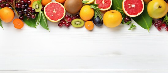 Poster - Flat lay composition of exotic fruits on a white wooden backdrop, offering ample copy space image.