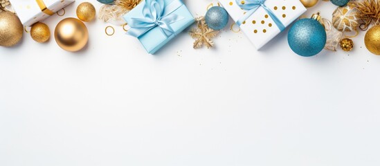Poster - Blue and gold gift boxes and decorations create a festive Christmas frame on a white background with copy space image.