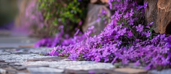 Poster - Purple flowers bloom in the pine courtyard, creating a serene backdrop with ample copy space image.