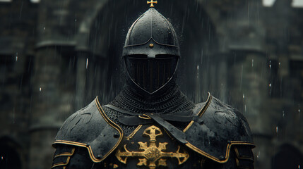 
A cinematic photograph of the black knight in full armor with a golden cross on his chest, dark and moody with rain falling, with cinematic photography and hyper-realistic, dramatic lighting
