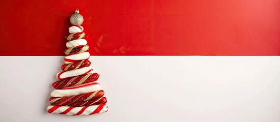 Sticker - Celebrate Christmas with a Christmas tree made of caramel canes against a red and white background, featuring a copy space image for a festive holiday concept.