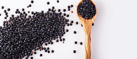 Poster - Black lentils beans with a wooden spoon against a white backdrop with room for text or other elements in the image.