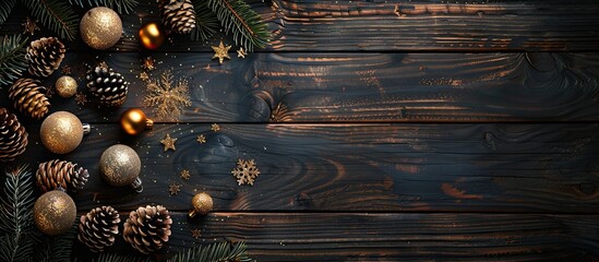 Poster - Top view of a Christmas-themed wooden background adorned with pinecones and golden balls, representing a New Year concept, featuring copy space image.