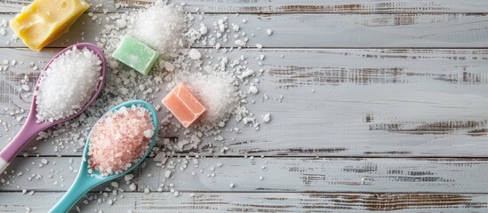 Poster - A white wooden surface with sea salt on two spoons and colorful soap is pictured from above, providing room for text or other elements in the image.