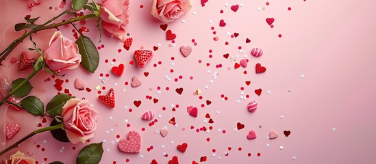 Poster - Valentine's-themed banner displaying heart-shaped confetti, roses, and candy on a pink background with space for text or images.