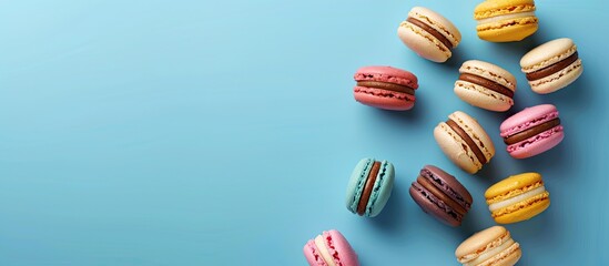 Poster - Macarons displayed on a blue backdrop with an area for your own content known as copy space image.