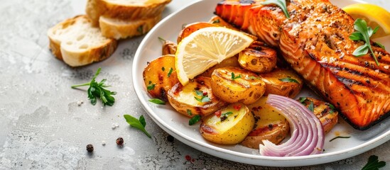 Aufkleber - Salmon dish marinated with onion, served with bread and boiled potatoes, all against a simple background in the copy space image.