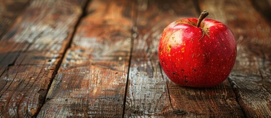 Poster - An apple resting on a rustic wooden table with available copy space image.