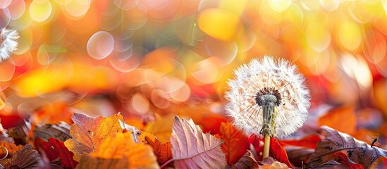 Poster - A dandelion in the fall season, set against a backdrop of colorful leaves, providing ample copy space image in nature.