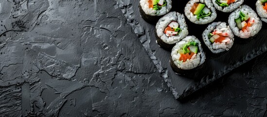 Poster - Uramaki sushi rolls displayed on a slate board with copy space image.