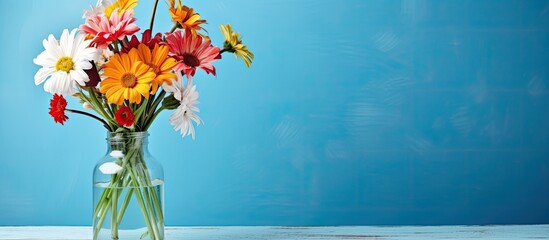 Sticker - A vibrant bouquet of colorful flowers displayed in a clear bottle on a light blue table against a blue wall, providing a view with copy space image.