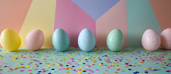 Aufkleber - Studio-lit plastic Easter eggs in blue, green, yellow, and pink on a textured paper with confetti against a multi-colored geometric backdrop, featuring reflection with copy space image.