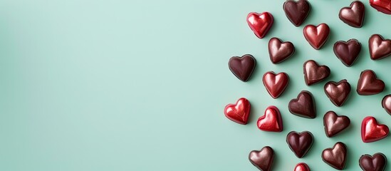 Poster - Valentine's-themed red and chocolate brown hearts set against a mint background create a decorative border with room for a copy space image.