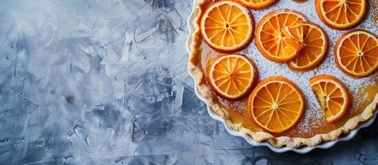 Poster - An orange tart with caramelized slices on a gray backdrop, offering room for text or additional images. Top view of the citrus dessert.