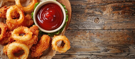 Wall Mural - Top view of delicious chicken nuggets, onion rings, and ketchup on a wooden surface with available copy space image.