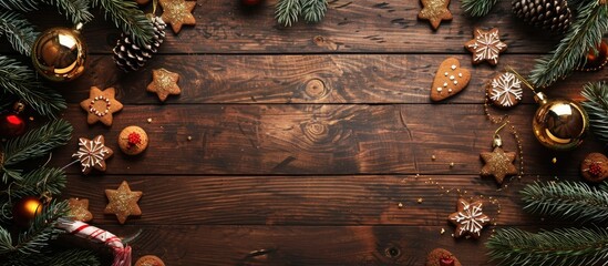 Aufkleber - Christmas menu background with cookies, fir branches, and decorations arranged on an aged wooden table, captured from above and featuring a copy space image.