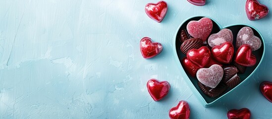 Poster - Delicious heart-shaped candies in a box on a light blue backdrop with copy space image available.
