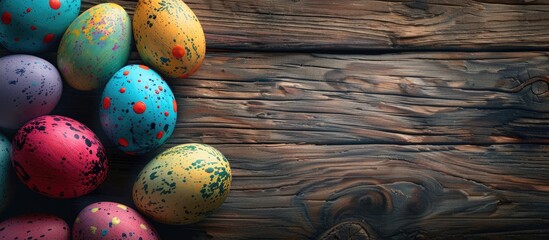 Poster - Colorful Easter eggs on a textured wooden backdrop, evoking Easter joy and festivities, featuring room for text with a copy space image.