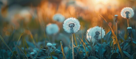 Poster - Fluffy dandelion flower macro photo in nature with blooming white dandelion on a background of plants and grass, with a copy space image.