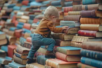 Child climbing stairs made from books, school education concept