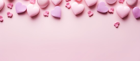 Poster - Valentine's Day theme with pink hearts on a soft pink background, creating a romantic copy space image in a flat lay style from above.