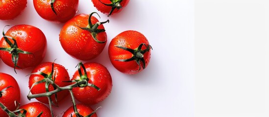 Poster - Fresh red tomatoes arranged with copy space image on a white background, showcasing their food composition in a flat lay.