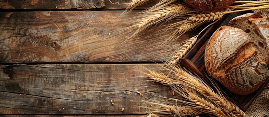 Poster - Wheat and bread are beautifully arranged on a vintage wooden surface with an open area to add text or other elements in the photograph (copy space image).