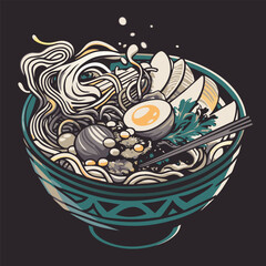 Detailed illustration of a traditional asian ramen bowl overflowing with noodles. Broth. Vegetables. A perfectly cooked egg. And chopsticks. Set against a dark background to enhance the vibrant colors