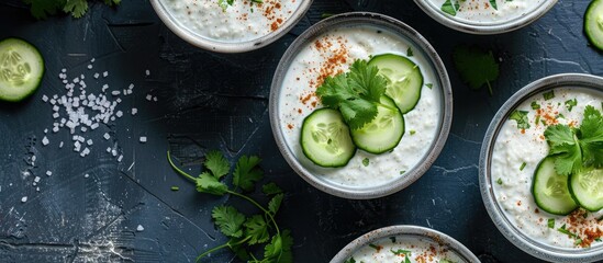 Poster - Top-down view of classic Indian Raita featuring cucumber, cumin, and coriander with ample copy space image.