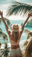 Wall Mural - Back view of a elegant woman in summer outfit on her holiday and hat raising arms. Happy on summer vacation with tropical ocean view