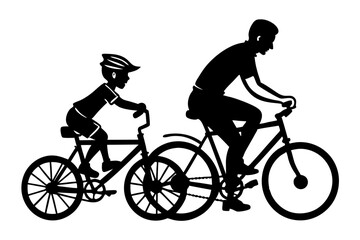 Dad and son sycling silhouette vector illustration,Father and son on a bicycle lane
